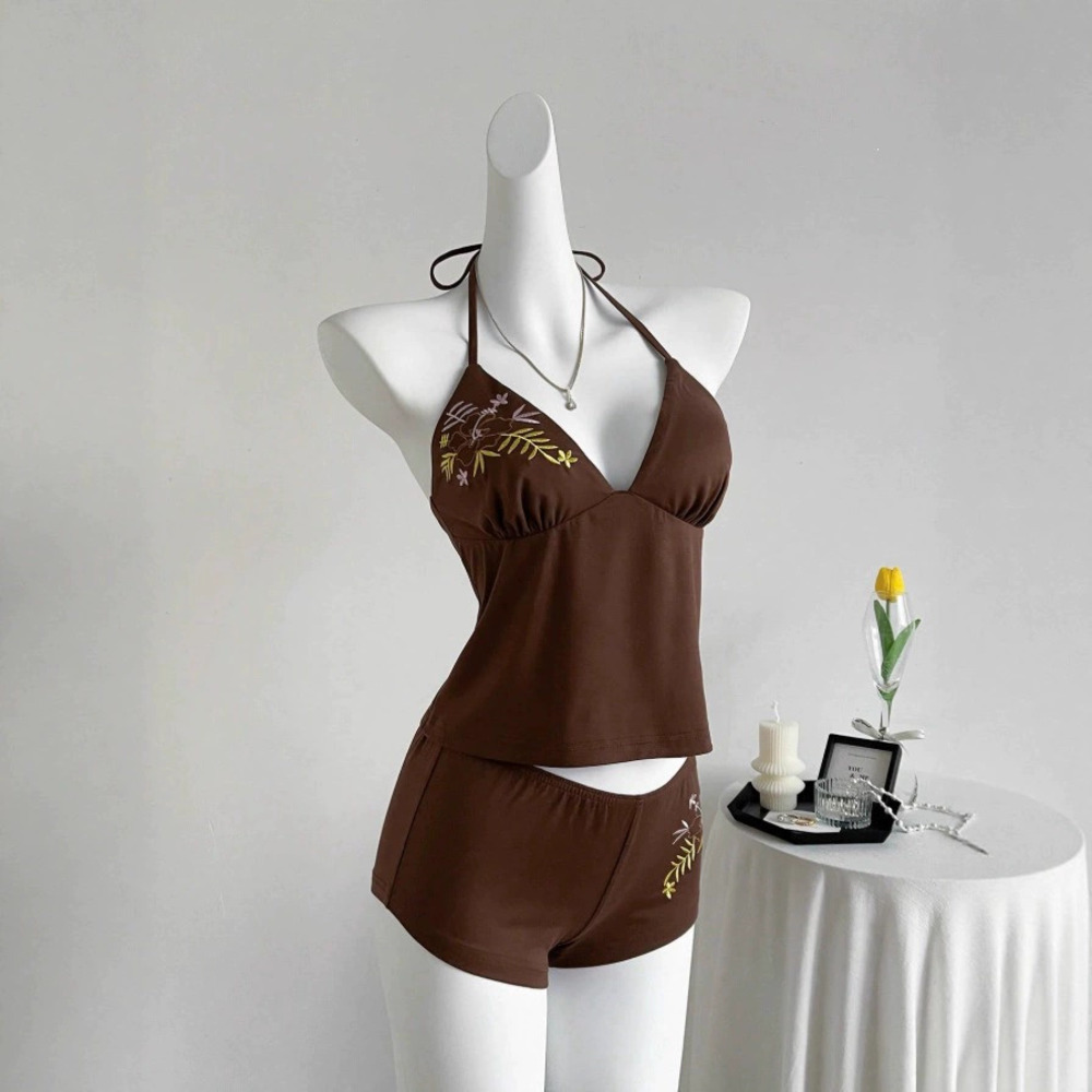 Zara Vintage Halter Neck Camisole and Shorts Set Leaf Print